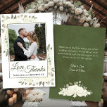 White Roses Liebe & Danke Hochzeit Foto & Hinweis<br><div class="desc">Diese wunderschönen rustikalen, schicken Hochzeitskarten zeigen Ihnen Ihr Foto inmitten von handgemalten Rose und Blüten in Elfenbein-, Weiß- und Cremetönen, sowie mit Sprigs von Eukalyptus-Blätter und Gartengrün. Die Beschriftung lautet: Liebe und Danke, mit Ihren Namen unten. Die Rückseite hat Platz für eine kurze Notiz und eine benutzerdefinierte Signatur. Einfach und...</div>