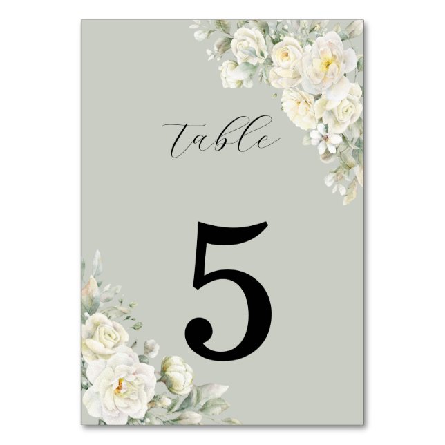 White Roses Light Green Table Number Tischnummer (Vorderseite)