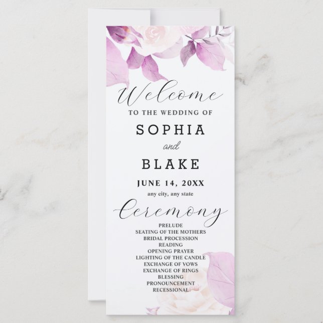 White Roses Lila Blätter White Wedding Programm (Vorderseite)