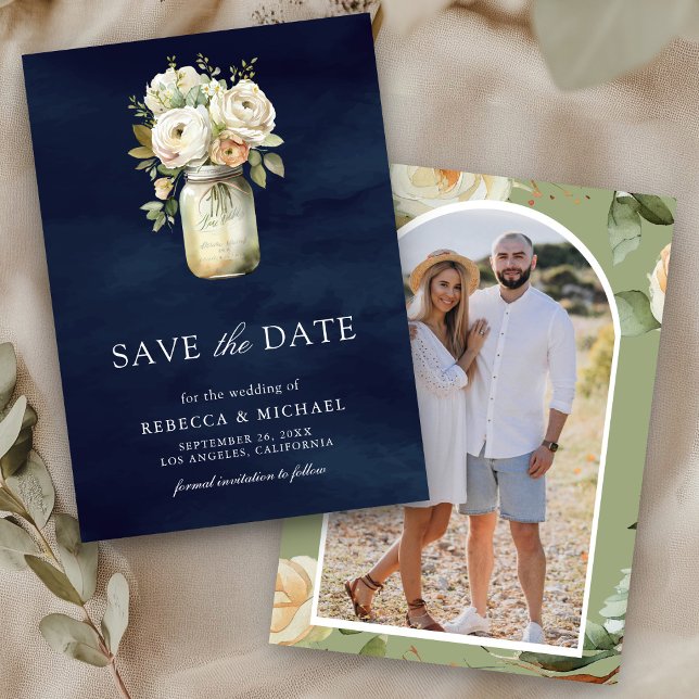 White Roses Mason Jar Foto Navy Blue Wedding Save The Date (Von Creator hochgeladen)