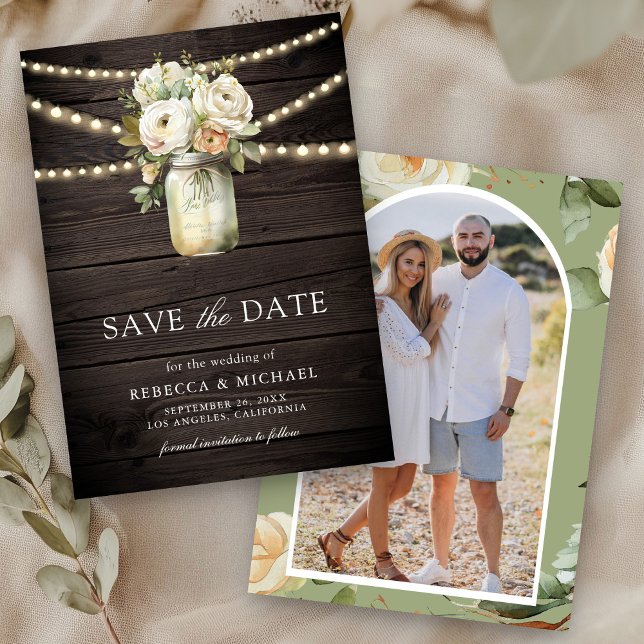 White Roses Mason Jar Foto Wood Wedding Save The Date (Von Creator hochgeladen)