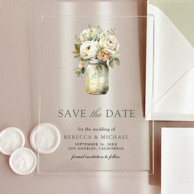 White Roses Mason Jar Wedding Save the Date Acryleinladungen (Von Creator hochgeladen)