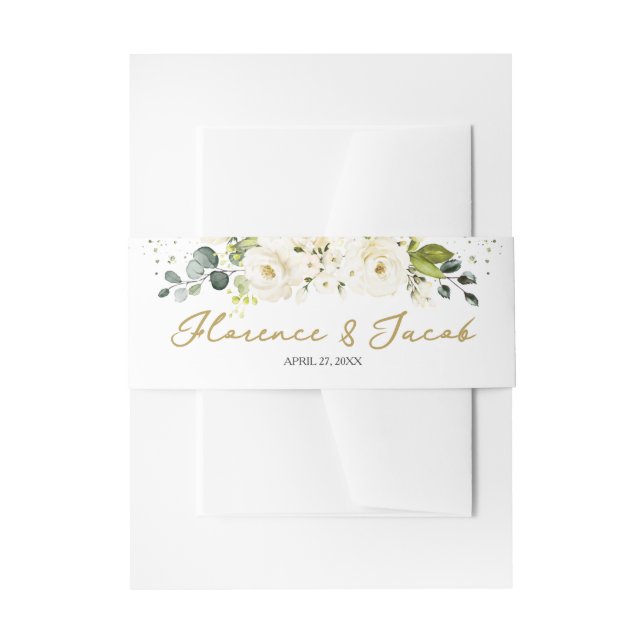 White Roses Monogram Wedding Einladung Bauchband Einladungsbanderole (Vorderseite Beispiel)