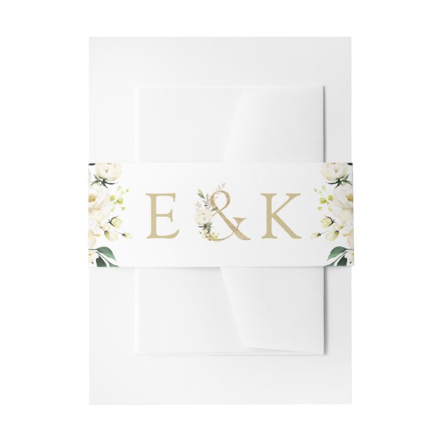 White Roses Monogram Wedding Einladung Bauchband Einladungsbanderole (Vorderseite Beispiel)