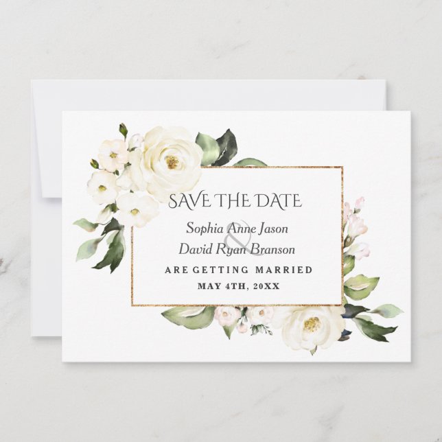 White Roses Peonies Bloom Wedding Save The Date (Vorderseite)