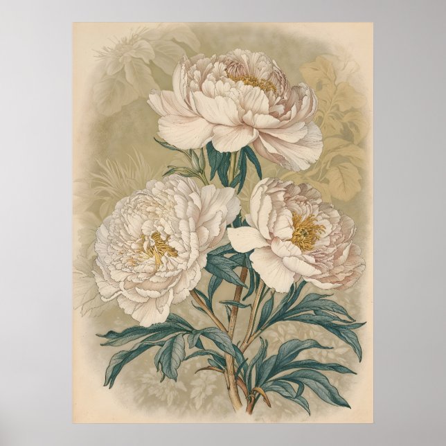 White Roses Peony Vintage botanische Wandkunst Poster (Vorne)