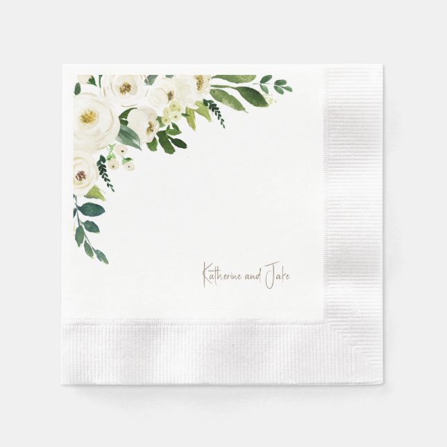 White Roses Personalisierte Skriptnamen Hochzeit Serviette (Vorderseite)