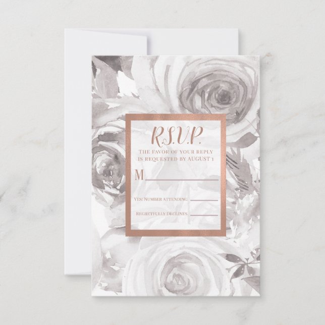 White Roses Pink Rose Gold Moderne Hochzeit RSVP (Vorderseite)