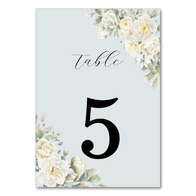 White Roses Powder Blue Table Number Tischnummer (Vorderseite)