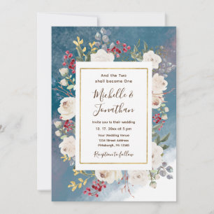 White Roses Red Berries on Blue Christlich Wedding Einladung