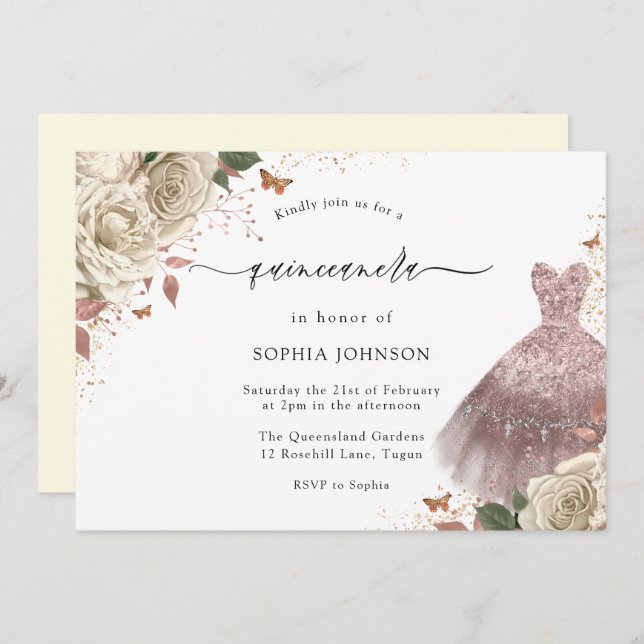 White Roses Rose Gold Sparkleider Quinceanera Einladung (Vorne/Hinten)
