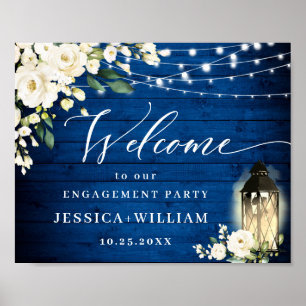 White Roses Royal Blue Wood ENGAGEMENT PARTEI Poster