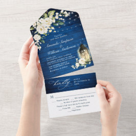 White Roses Royal Blue Wood Lantern Wedding All In One Einladung