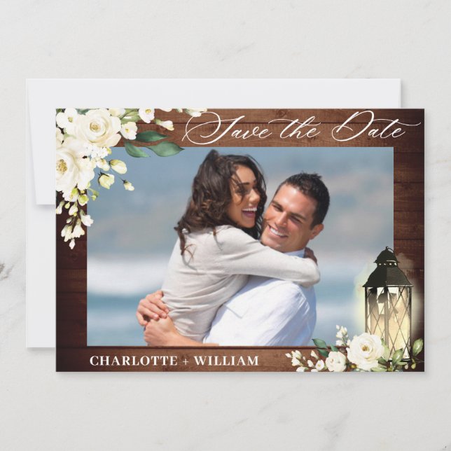 White Roses Rustic Wood Lantern Wasserfarbe Hochze Save The Date (Vorderseite)