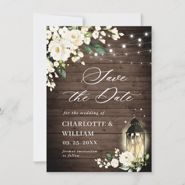 White Roses Rustic Wood Lantern Wedding Save The Date (Vorderseite)
