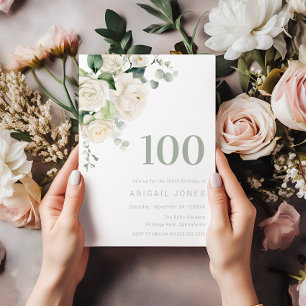 White Roses & Sage 100. Geburtstagsparty Einladung