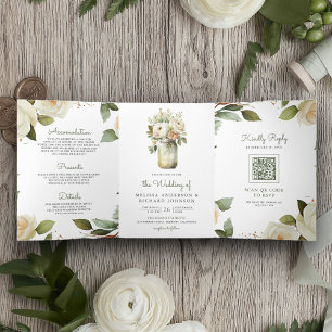 White Roses Sage Blätter Mason Jar QR Code Hochzei Dreifach Gefaltete Einladung