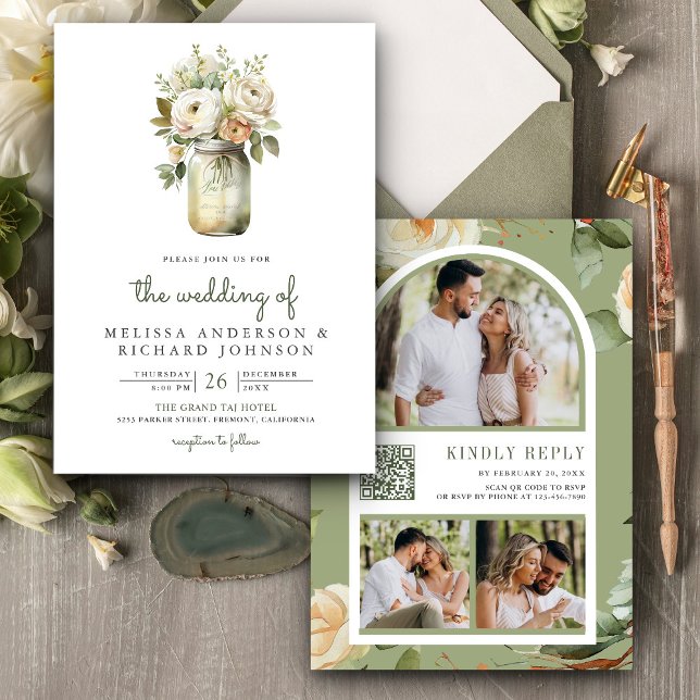 White Roses Sage Blätter Mason Jar QR Code Hochzei Einladung (Von Creator hochgeladen)
