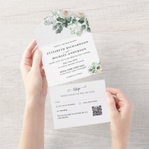 White Roses Sage Eukalyptus Blätter Hochzeitbudget All In One Einladung
