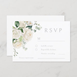 White Roses & Sage Leaf Wedding RSVP Karte