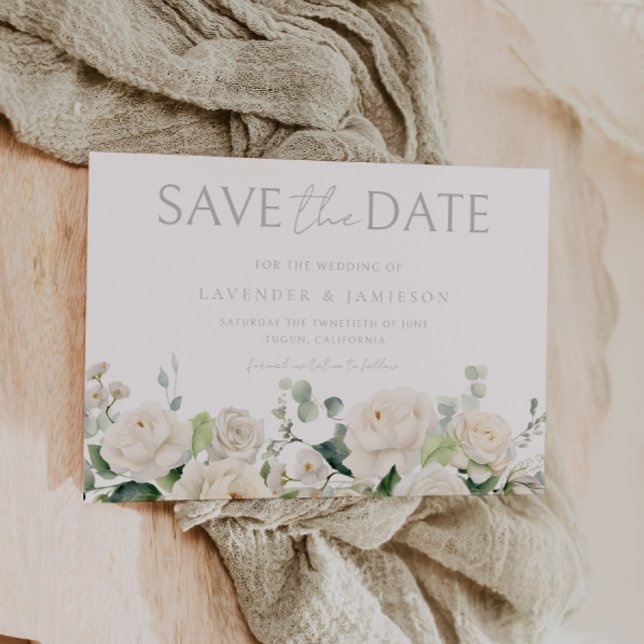 White Roses & Sage Leaf Wedding Save The Date (Von Creator hochgeladen)