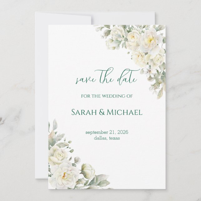 White Roses Save the date Wedding Announcement (Vorderseite)