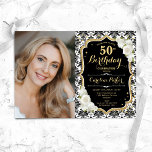 White Roses Schwarz-weiß Damask Foto 50. Geburtsta Einladung<br><div class="desc">Elegante florale feminine 50. Geburtstagseinladung mit Ihrem Foto. Glam Schwarz-weißes Design mit Imitaten Glitzer Gold. Enthält schwarz-weiße Damasketmuster,  Rose,  Skript-Schriftart und Konfetti. Ideal für ein stilvolles Party für Erwachsene. Personalisieren Sie Ihre persönlichen Daten. Kann für jedes Alter angepasst werden! Gedruckte Zazzle Einladungen oder Sofortdownload digitalen druckbaren Vorlage.</div>