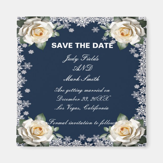 White Roses Snowflakes Weihnachten Save the Date Magnet (Vorne)