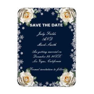 White Roses Snowflakes Weihnachten Save the Date Magnet