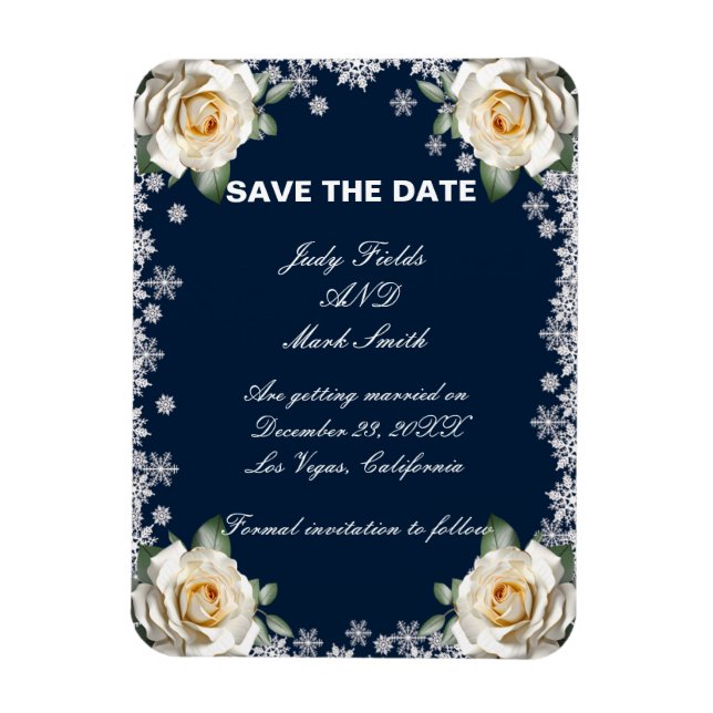 White Roses Snowflakes Weihnachten Save the Date Magnet (Vertikal)