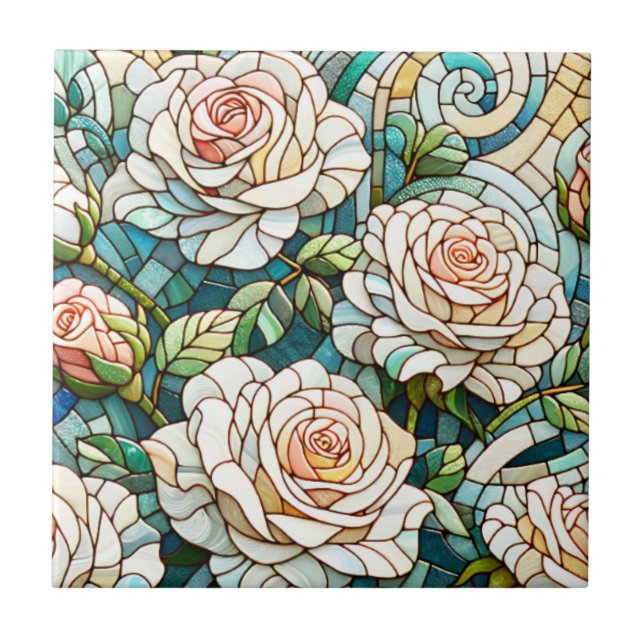 White Roses Stained Glass Mosaic Fliese (Vorderseite)