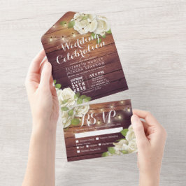 White Roses String Lights Rustic Wood Wedding RSVP All In One Einladung