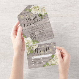 White Roses String Lights Rustic Wood Wedding RSVP All In One Einladung