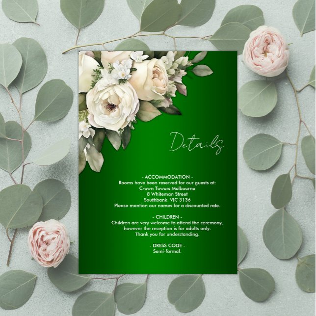 White Roses und Emerald Green Boho Hochzeitdetails Begleitkarte (Von Creator hochgeladen)