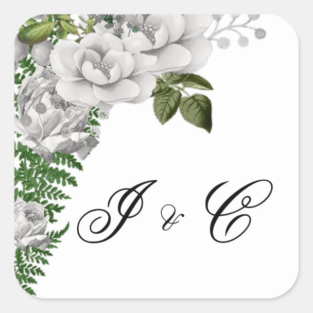 White Roses und Ferns Wedding Quadratischer Aufkleber (Vorderseite)