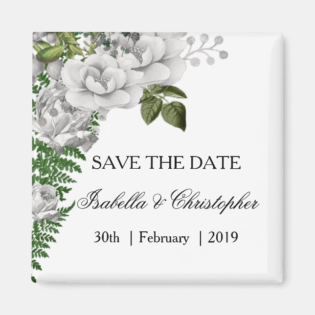 White Roses und Ferns Wedding speichern das Datum Magnet (Vorne)