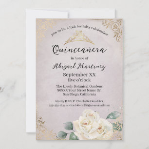White Roses und Gold Vintage Lavendel Quinceanera Einladung