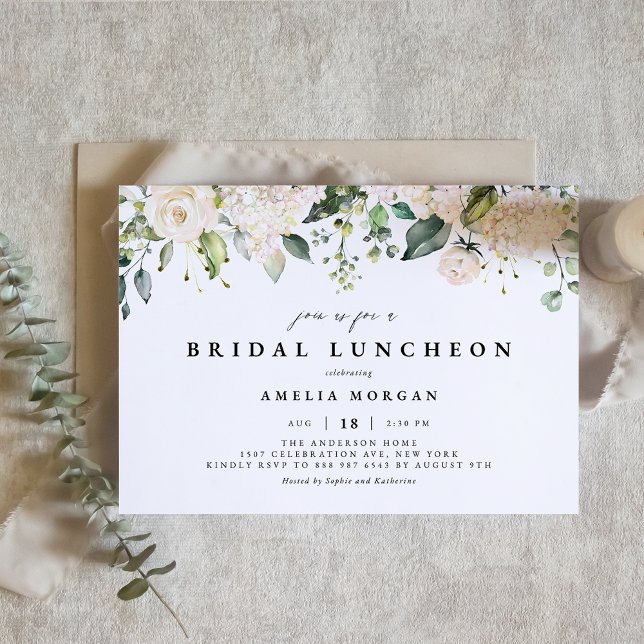White Roses und Hydrangeas Bridal Luncheon Einladung (Von Creator hochgeladen)
