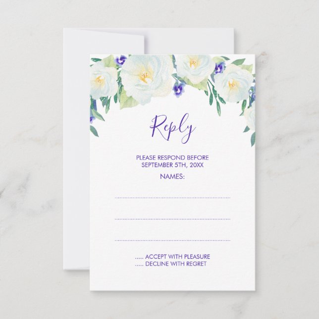 White Roses & Violets Hochzeitskarten RSVP Karte (Vorderseite)