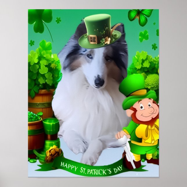 White Rough Collie celebrating St. Patrick's Day Poster (Vorne)