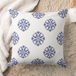 White & Royal Blue Modern Cross Stitch Lace Kissen