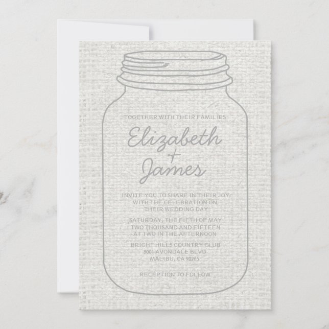 White Rustic Burlap Mason Jar Wedding Invitations Einladung (Vorderseite)