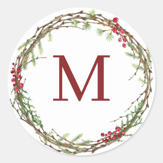 White Rustic Christmas Wreath Monogram Runder Aufkleber (Vorderseite)