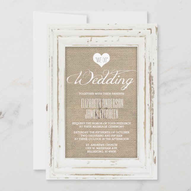 White Rustic Frame Burlap Einladung Hochzeit (Vorderseite)