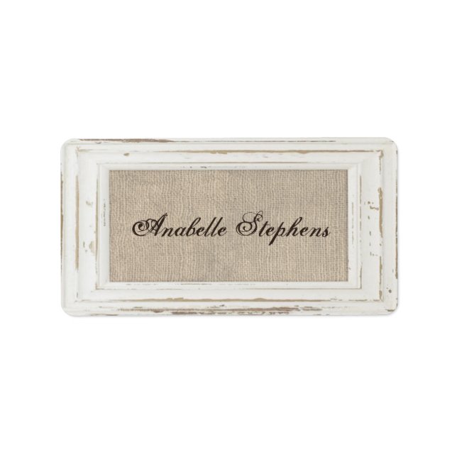 White Rustic Frame & Burlap Name Tag Adressaufkleber (Vorne)