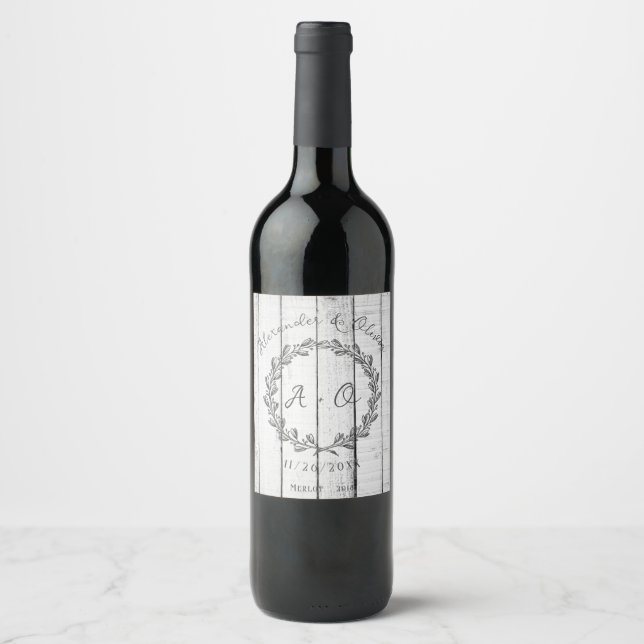 White Rustic Monogram Wedding Wine Label Weinetikett (Vorderseite)