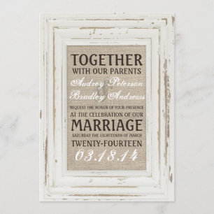 White Rustic Rahmen & Burlap Wedding Einladung