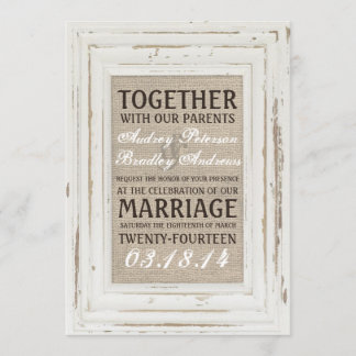 White Rustic Rahmen & Burlap Wedding Einladung