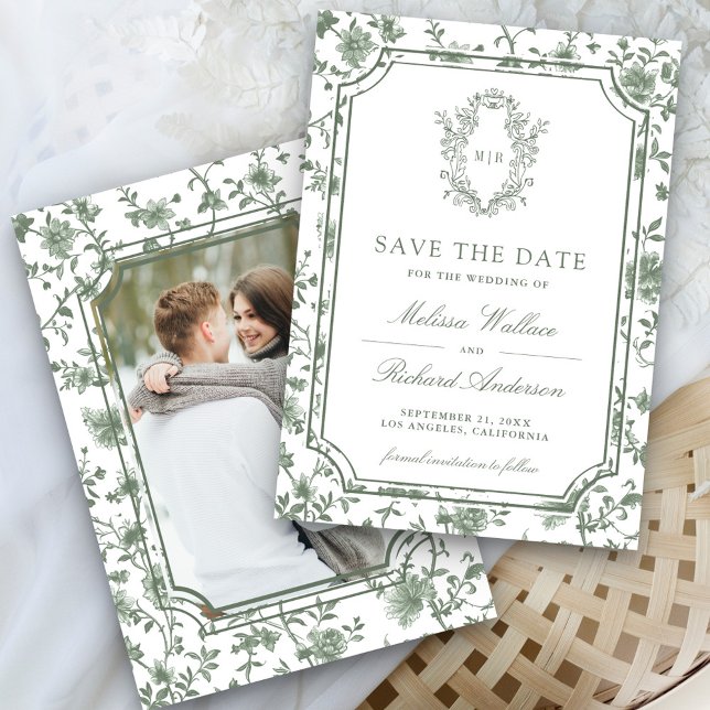 White Sage Green Chinoiserie Crest Photo Wedding Save The Date (Von Creator hochgeladen)