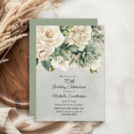 White Sage Green Floral Gold 70. Geburtstag Einladung